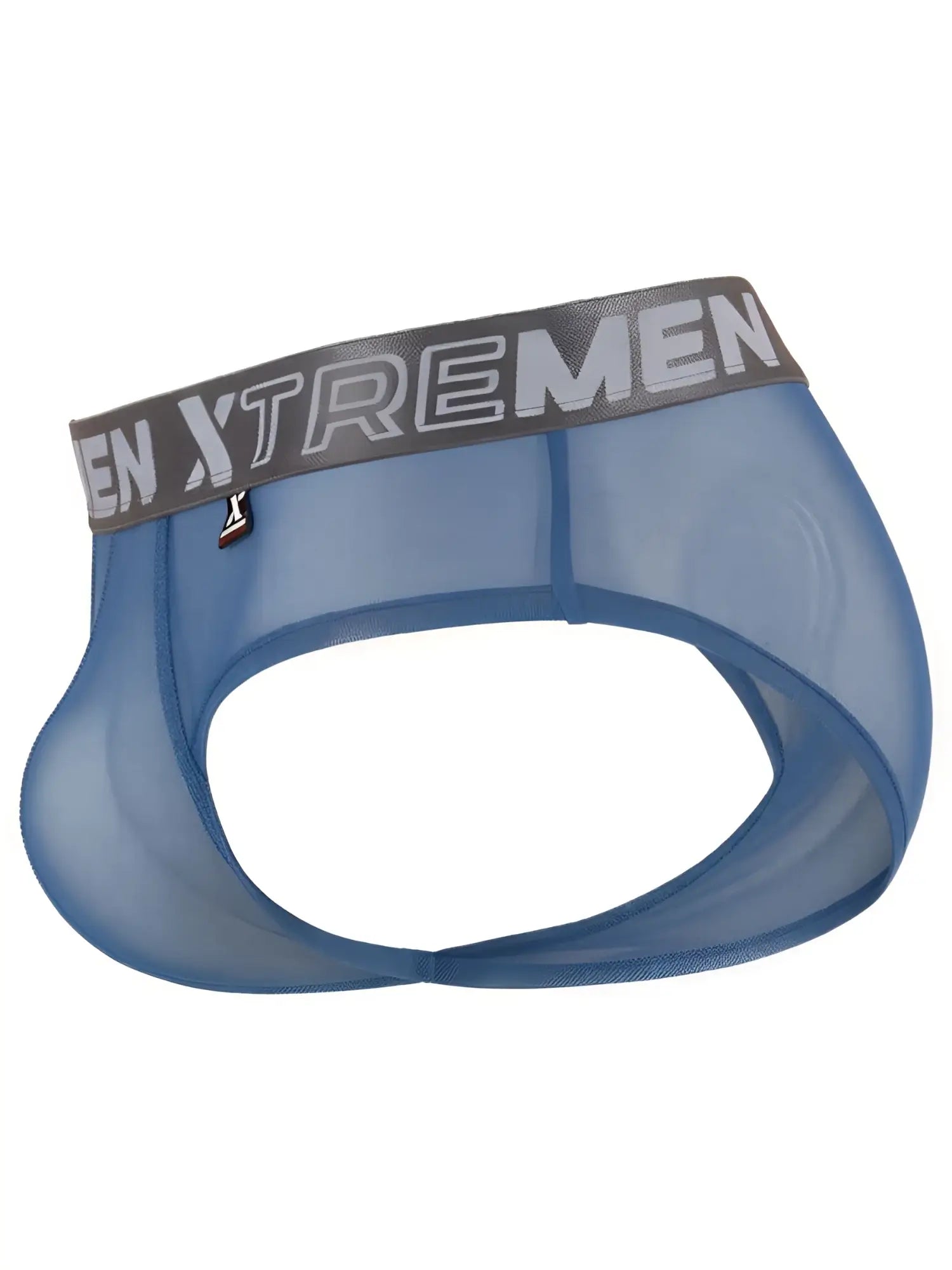 Xtremen blue mesh thong with a gray branded elastic waistband and a small logo tag.