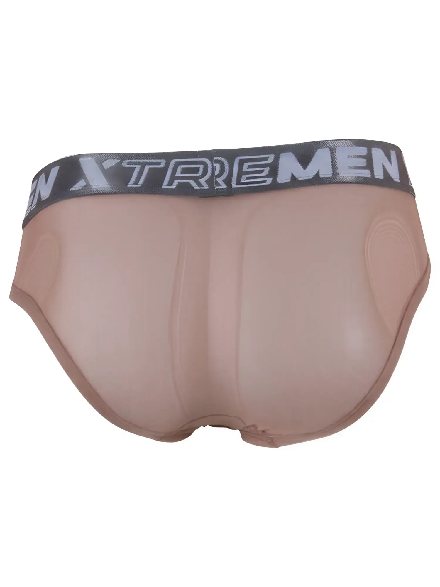 Xtremen beige sheer fabric brief with a grey branded elastic waistband, featuring a form-fitting, molded rear design.