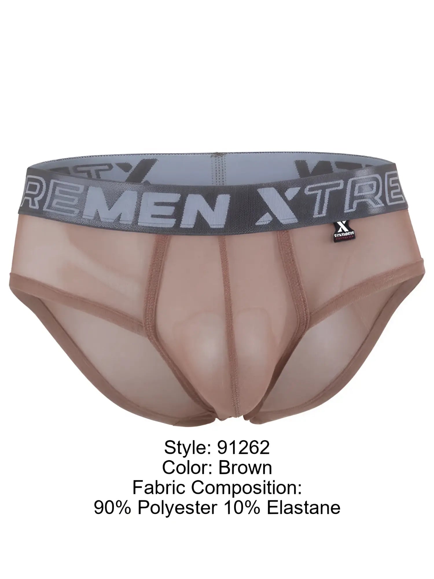 Xtremen brown sheer brief with a grey logo waistband, contour pouch, and semi-transparent fabric.