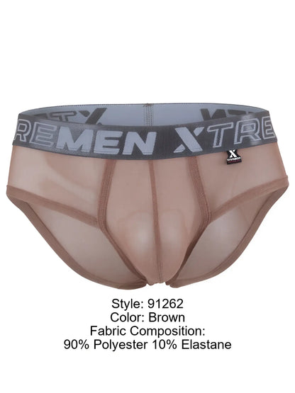 Xtremen brown sheer brief with a grey logo waistband, contour pouch, and semi-transparent fabric.