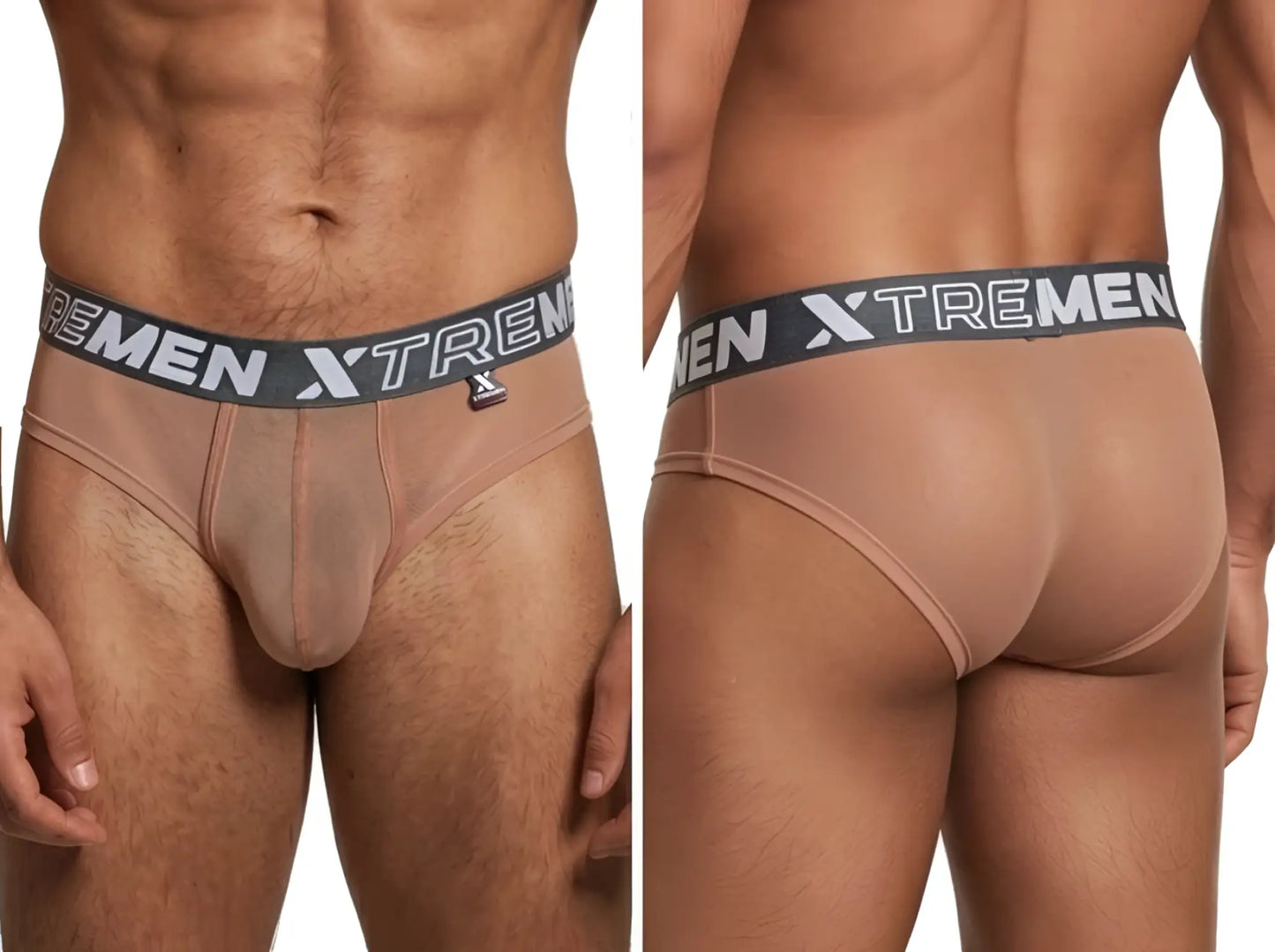 Xtremen tan sheer mesh bikini briefs with a grey branded elastic waistband, shown from front and back views.