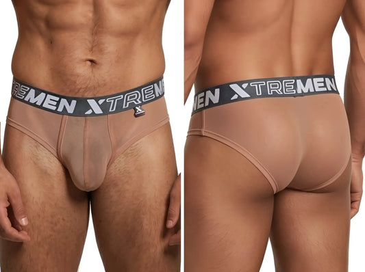 Xtremen tan sheer mesh bikini briefs with a grey branded elastic waistband, shown from front and back views.