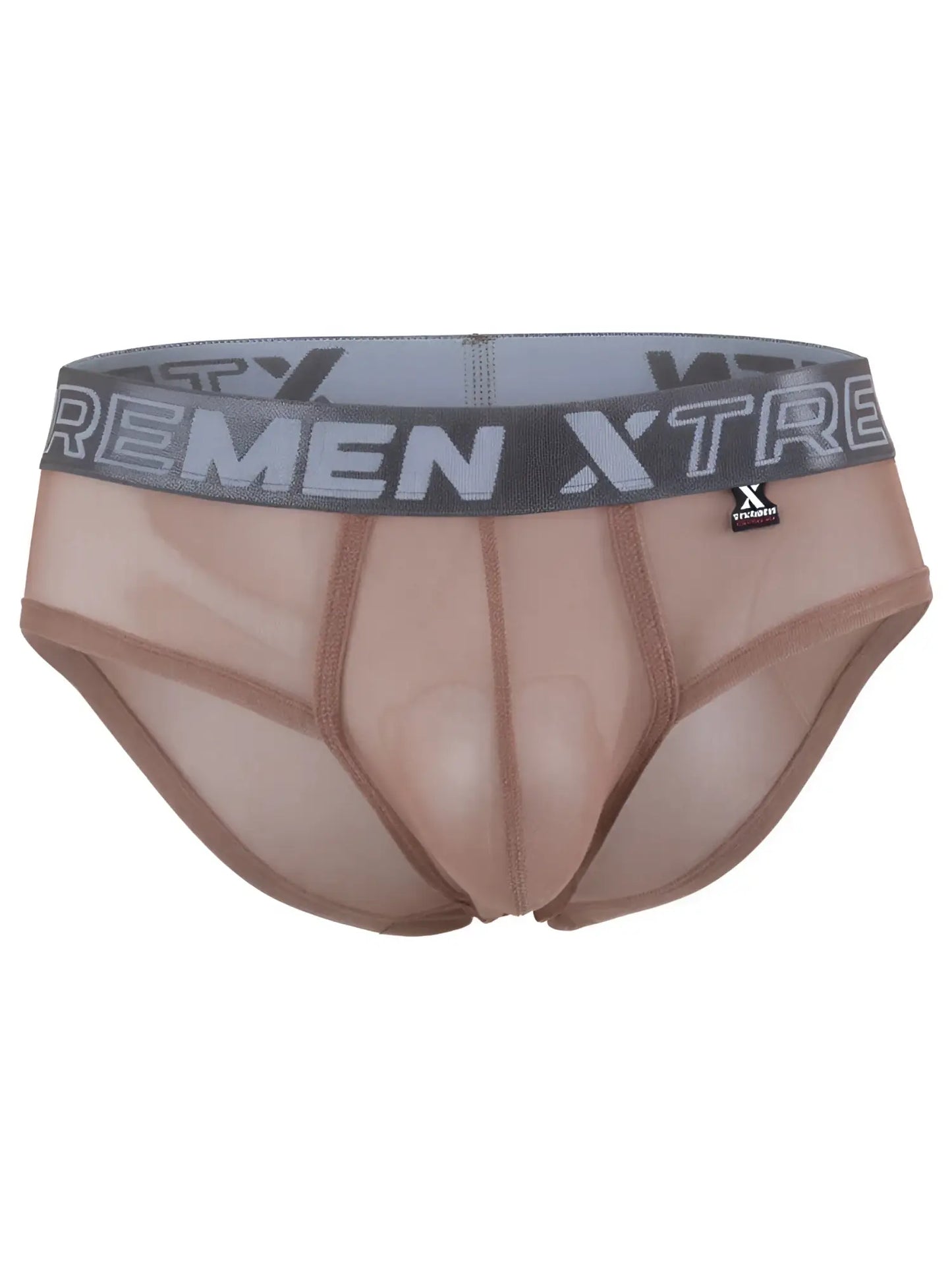 Xtremen sheer brown bikini brief with a contoured pouch and wide grey logo waistband.