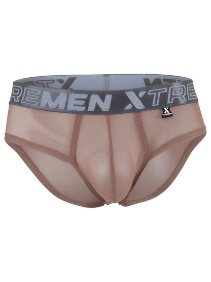 Xtremen sheer brown bikini brief with a contoured pouch and wide grey logo waistband.