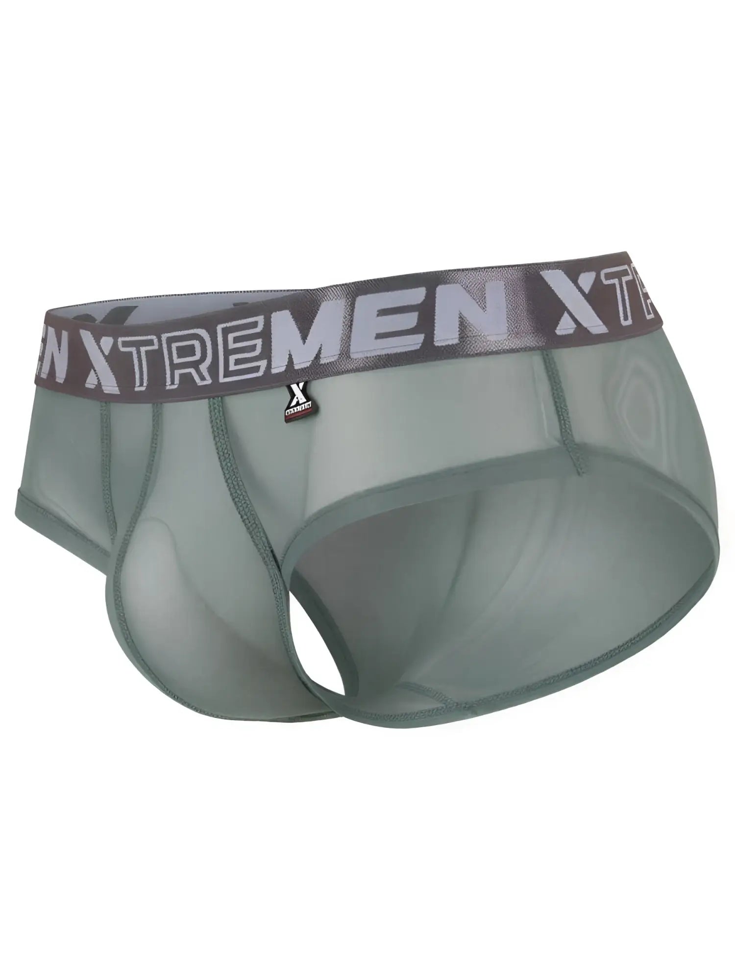 Xtremen olive green semi-sheer bikini brief with a logo waistband and athletic contour pouch.
