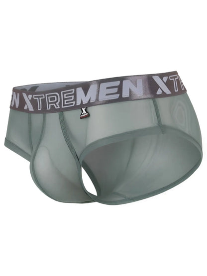 Xtremen olive green semi-sheer bikini brief with a logo waistband and athletic contour pouch.