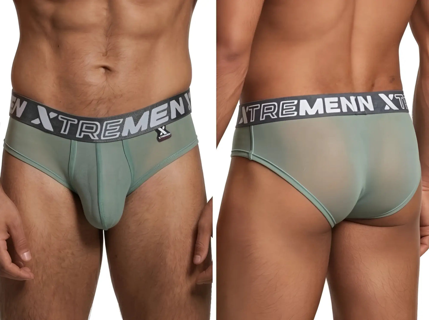 Xtremen sage green sheer bikini brief with a grey branded elastic waistband, shown from front and back views.