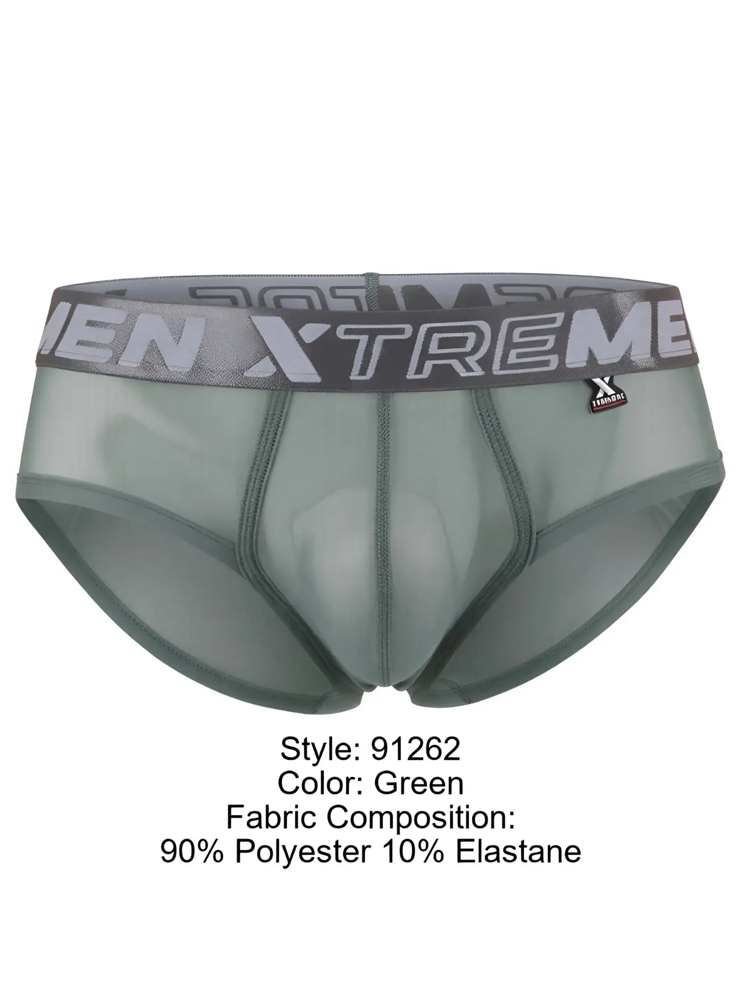 Xtremen green sheer mesh brief with a branded grey elastic waistband and contoured front pouch.