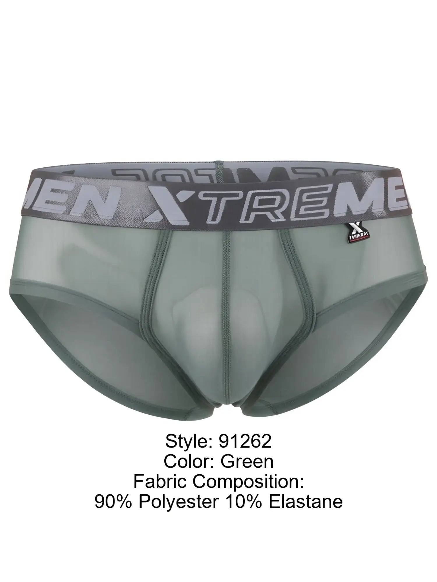 Xtremen green sheer mesh brief with a branded grey elastic waistband and contoured front pouch.