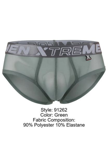 Xtremen green sheer mesh brief with a branded grey elastic waistband and contoured front pouch.