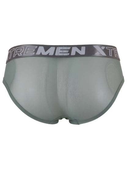 Xtremen olive green sheer brief with a branded elastic waistband and form-fitting design.