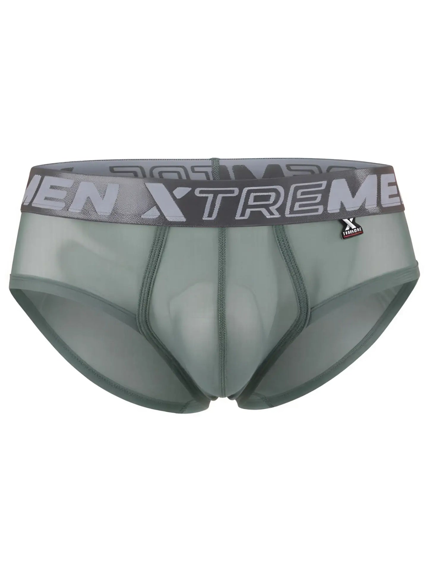 Xtremen sage green sheer bikini brief with a grey logo waistband and fitted contoured pouch.