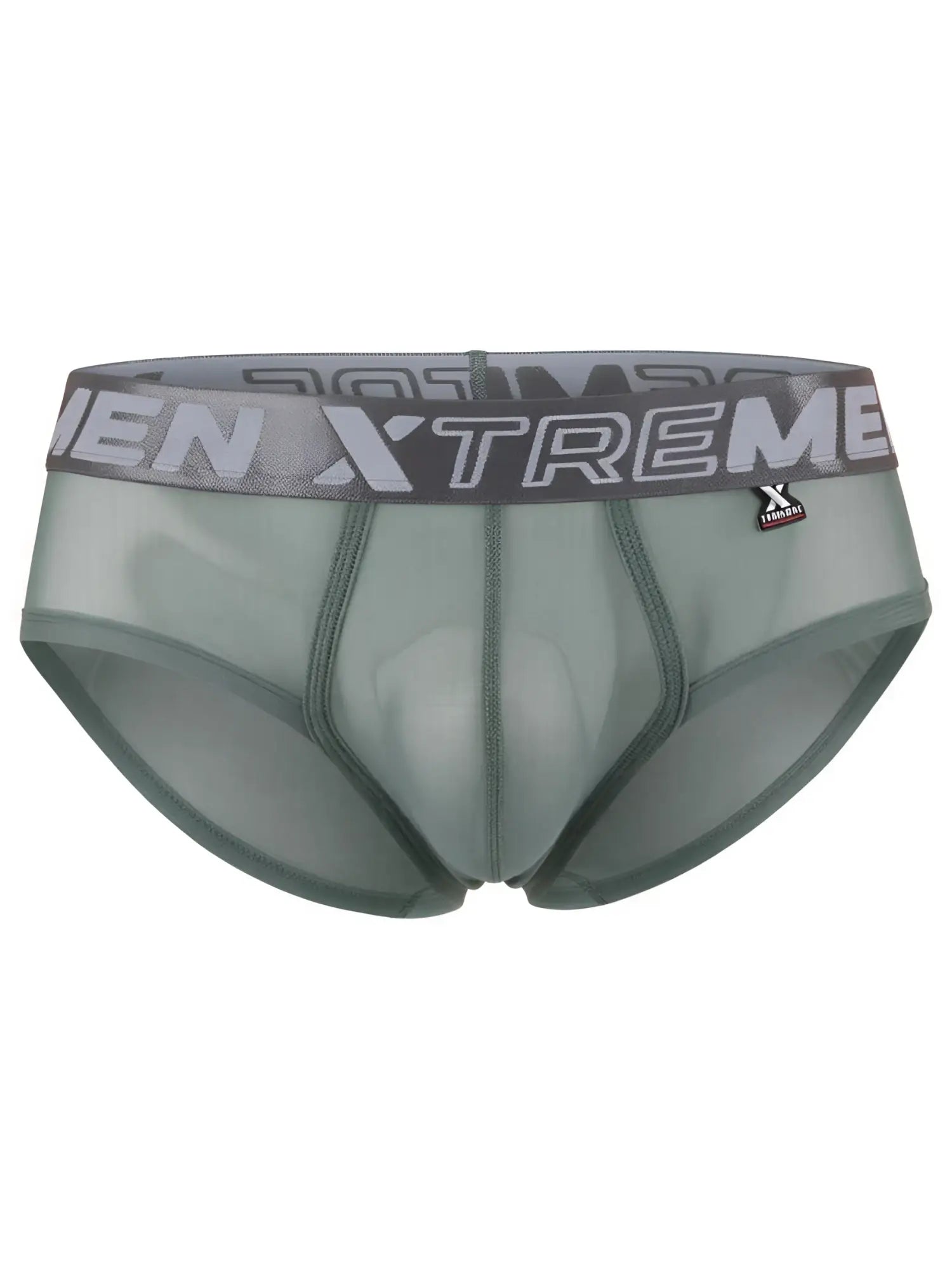 Xtremen sage green sheer bikini brief with a grey logo waistband and fitted contoured pouch.