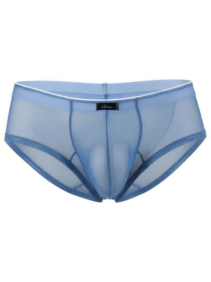 Xtremen sheer blue bikini brief with a contoured pouch and white-trimmed waistband.