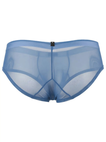 Xtremen blue sheer mesh bikini brief with a minimalist waistband and center back logo tag.