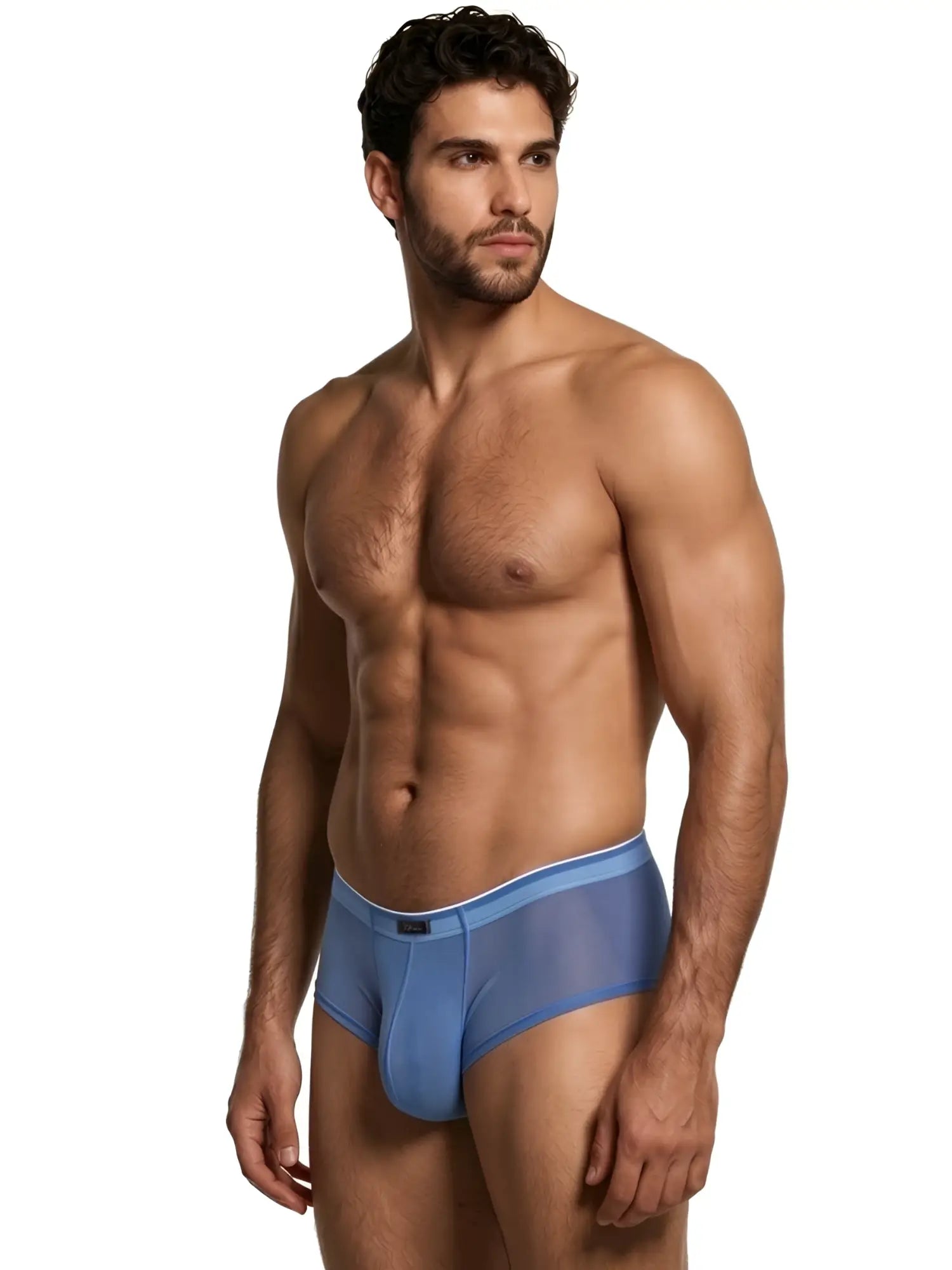 Xtremen blue sheer bikini brief with a contoured pouch and white-trimmed waistband on a male model.