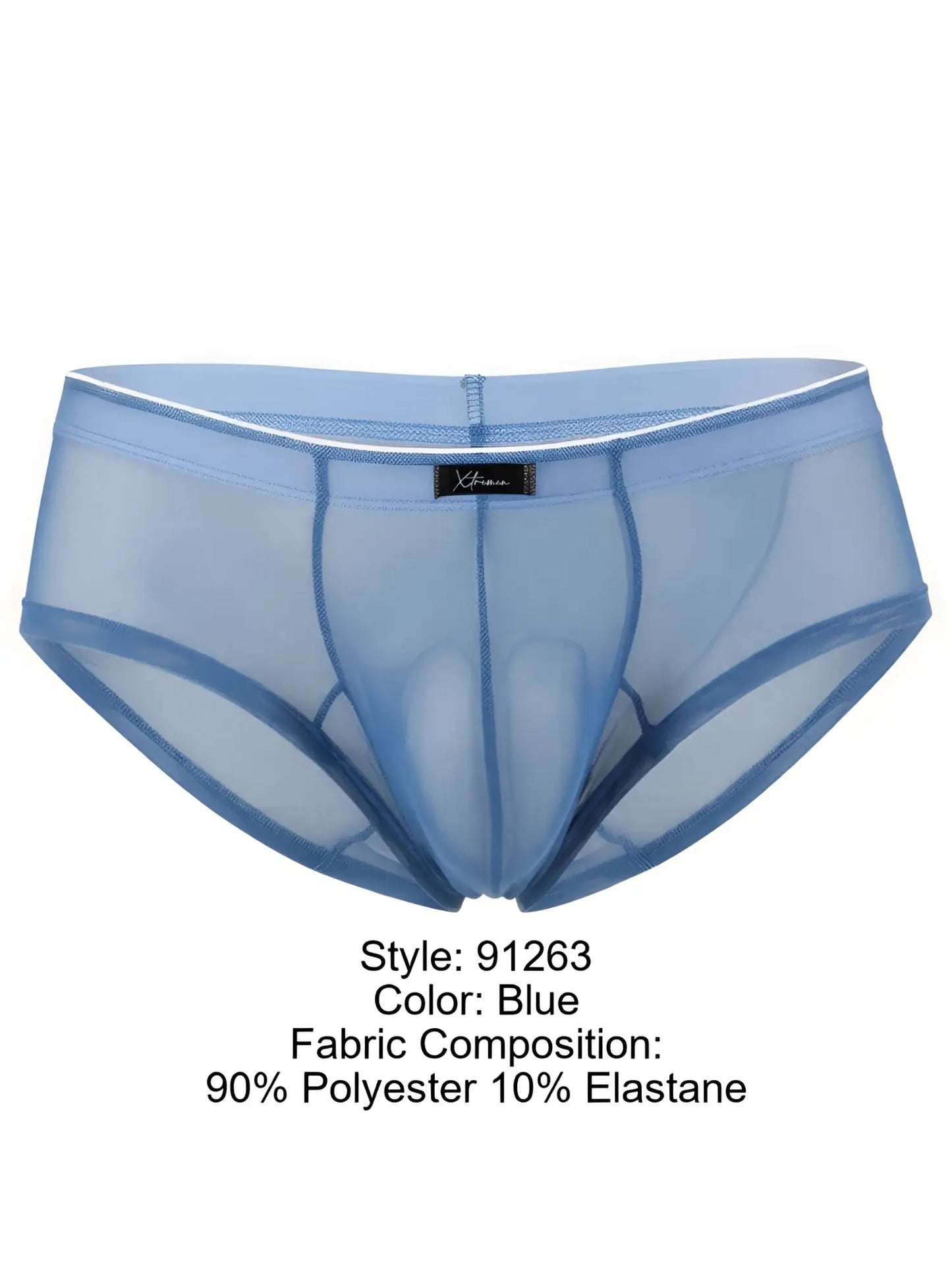 Xtremen blue sheer mesh bikini brief with a fitted pouch and white-trimmed waistband.
