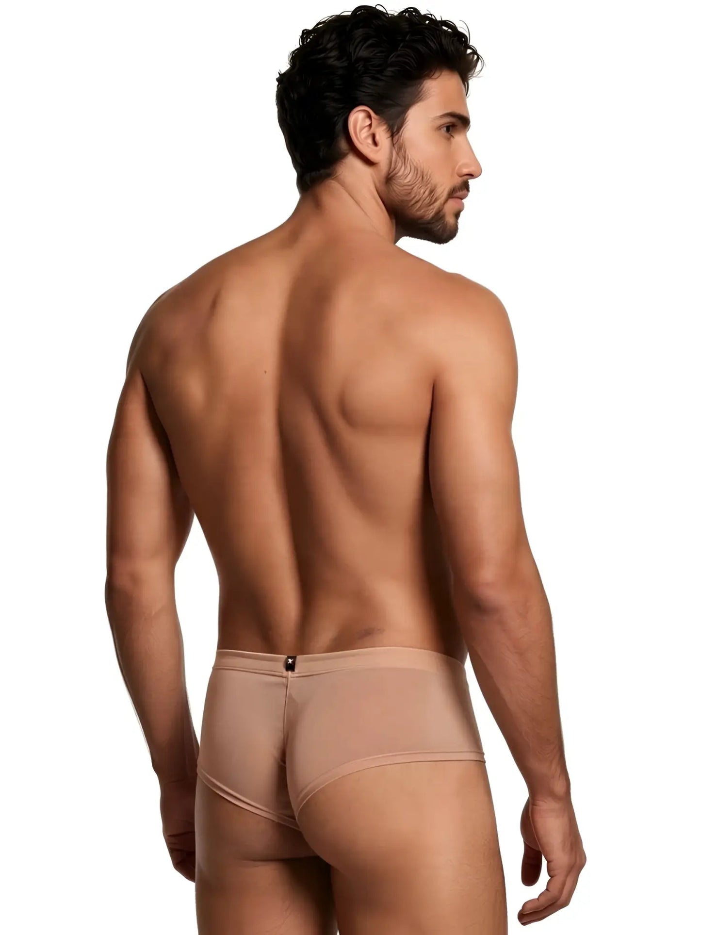 Xtremen beige fitted brief with a smooth, matte finish and rear branding on a muscular male model.