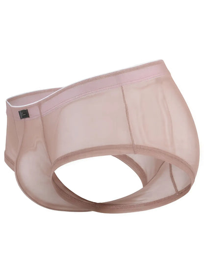 Xtremen beige sheer mesh brief with a tonal waistband and branded tab.