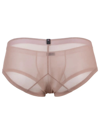 Xtremen beige sheer mesh brief with athletic seam detailing and a centered branded waistband tag.