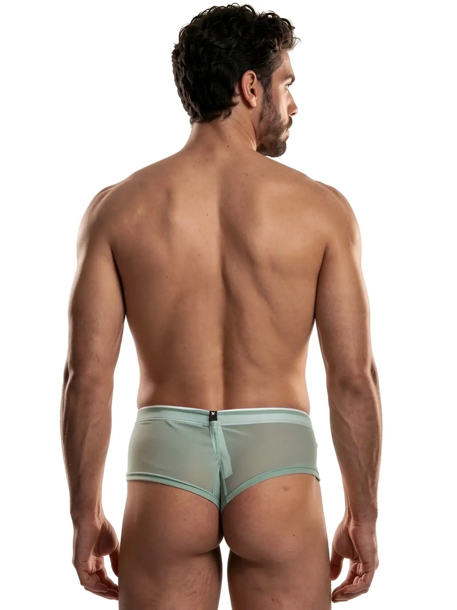Xtremen light green sheer bikini brief with a slim waistband and center back seam, worn by a man.
