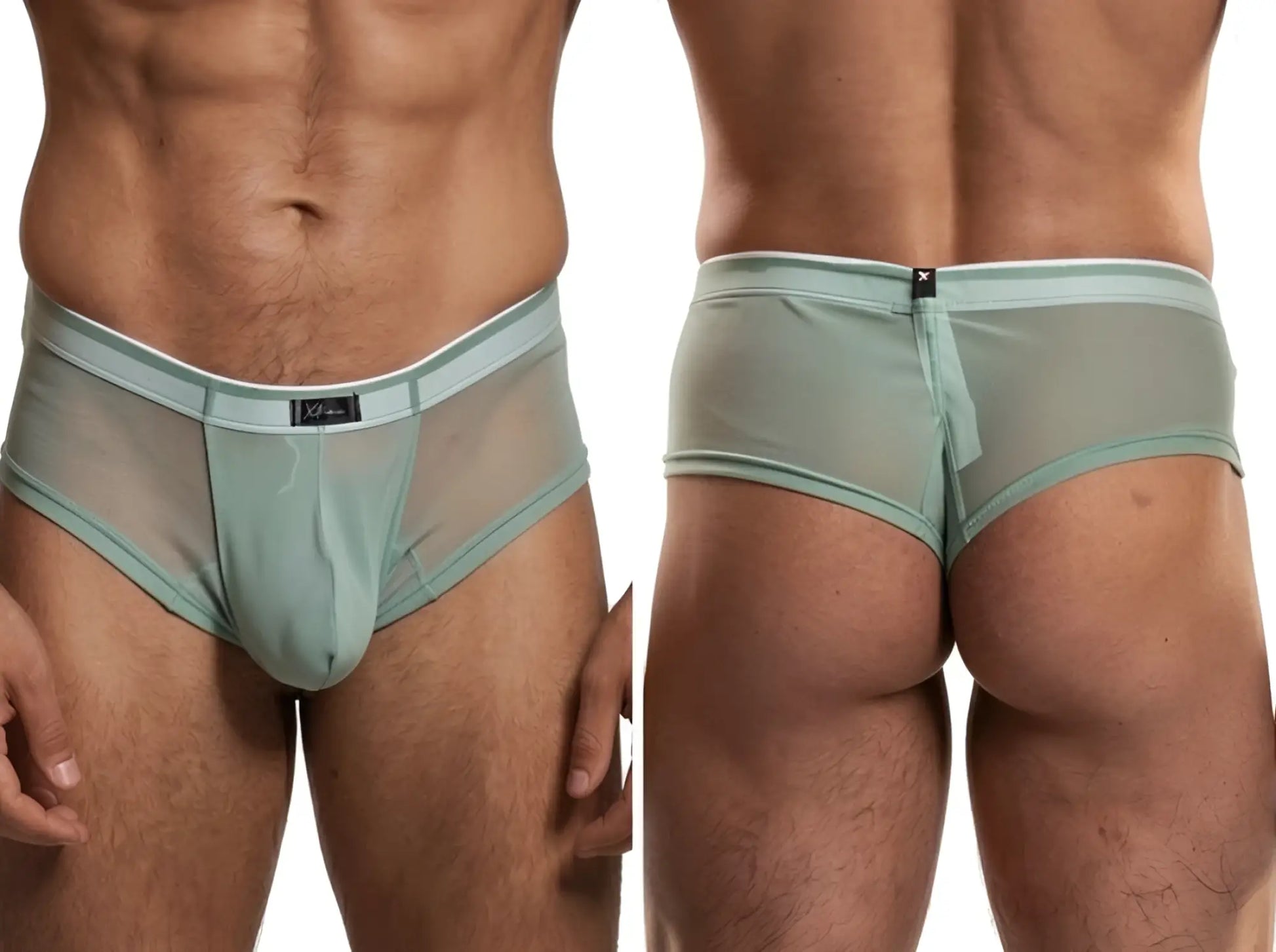 Xtremen sage green sheer mesh bikini briefs with a contrasting white waistband and center back seam.