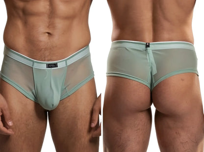 Xtremen sage green sheer mesh bikini briefs with a contrasting white waistband and center back seam.