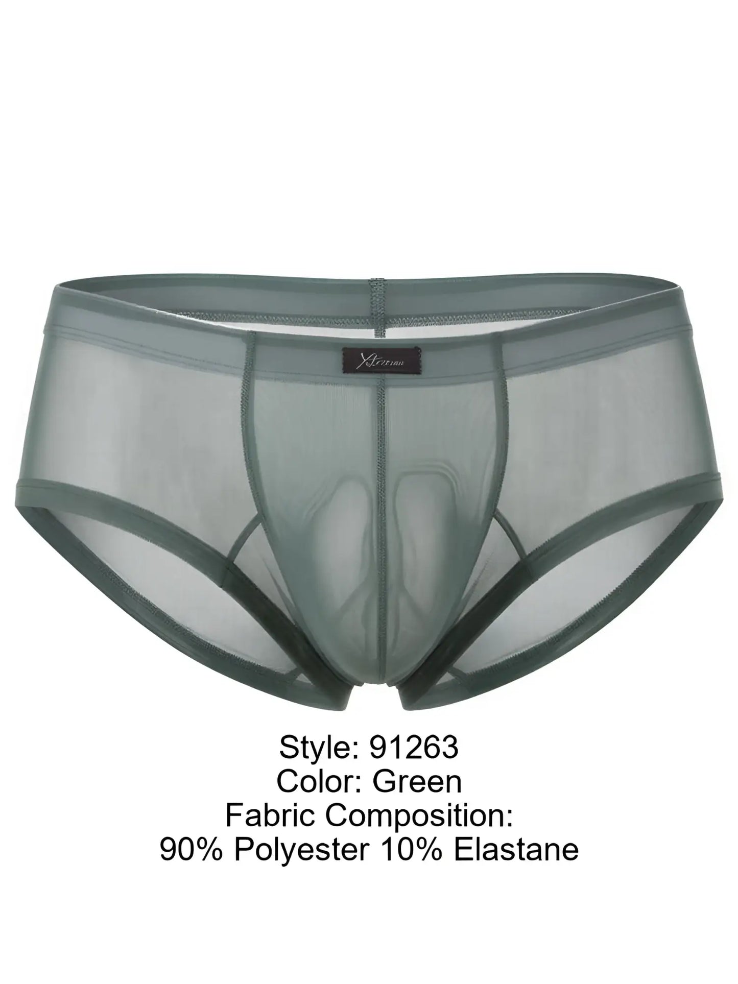 Xtremen men's green brief in sheer, translucent mesh fabric with a contoured pouch and branded logo tab.