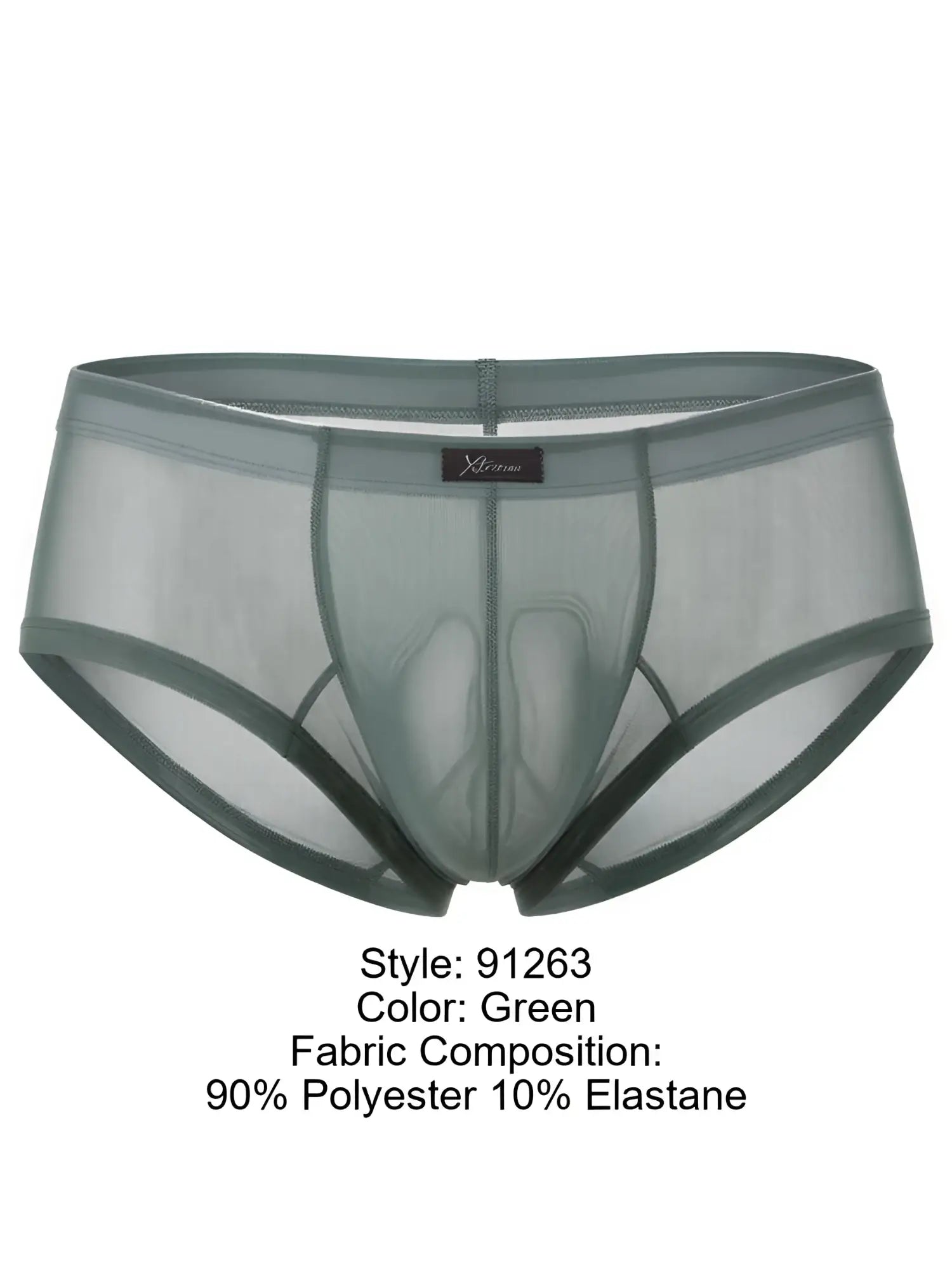 Xtremen men's green brief in sheer, translucent mesh fabric with a contoured pouch and branded logo tab.