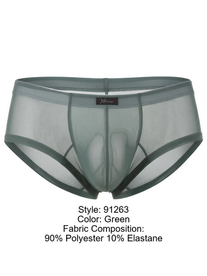 Xtremen men's green brief in sheer, translucent mesh fabric with a contoured pouch and branded logo tab.