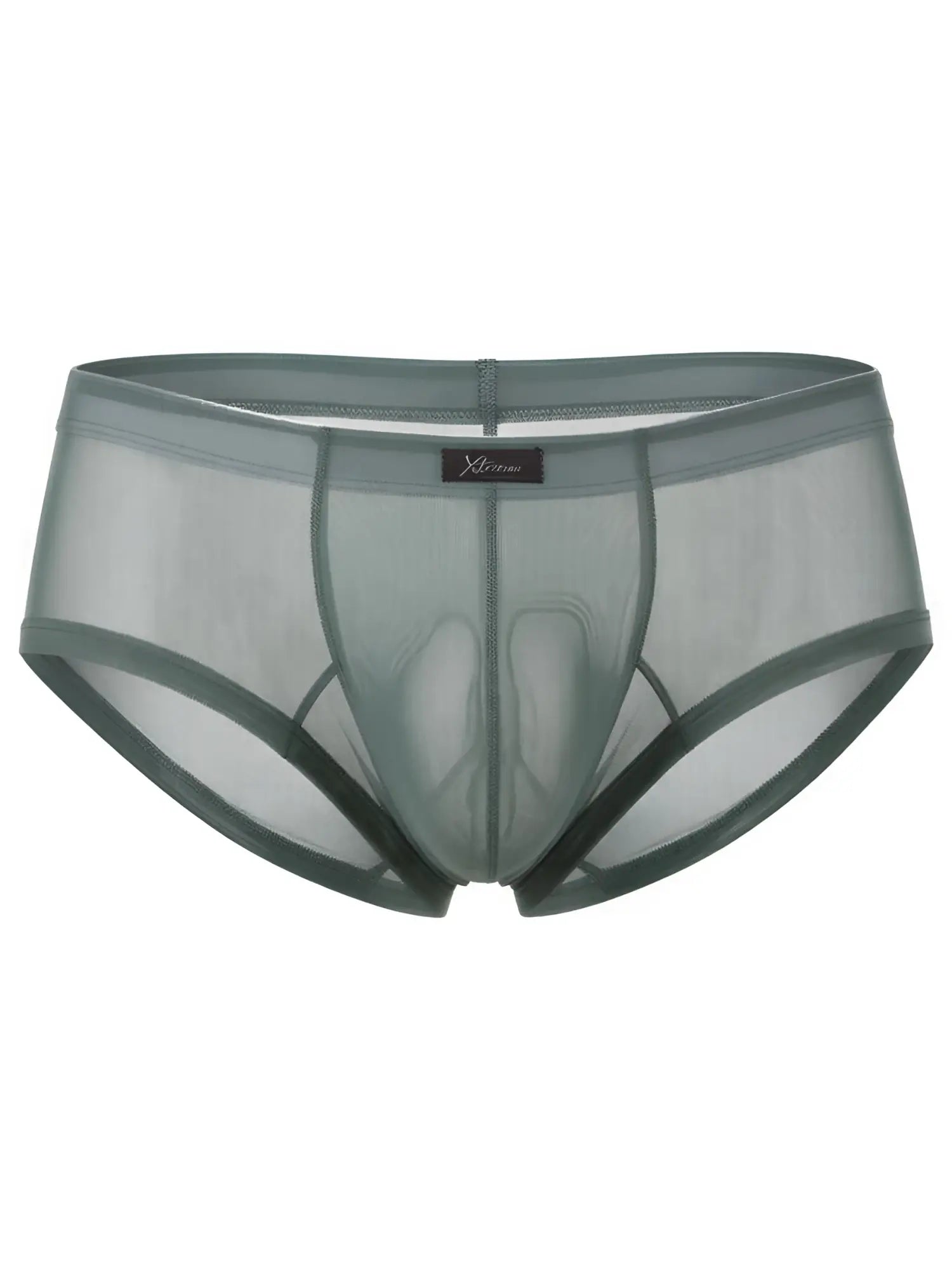 Xtremen sage green sheer mesh bikini brief with a contoured pouch and center front brand tag.
