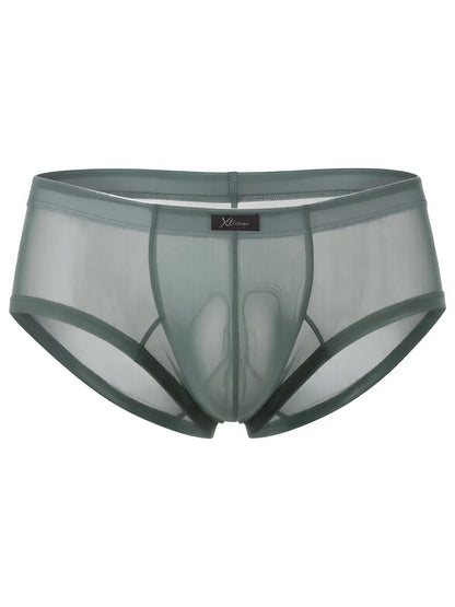 Xtremen sage green sheer mesh bikini brief with a contoured pouch and center front brand tag.