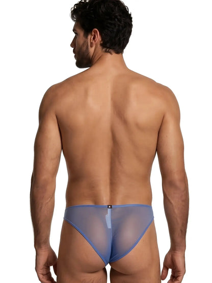 Xtremen blue sheer mesh bikini brief on a male model, seen from behind.