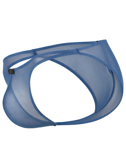 Xtremen blue sheer mesh thong with a minimal cut and logo detail.