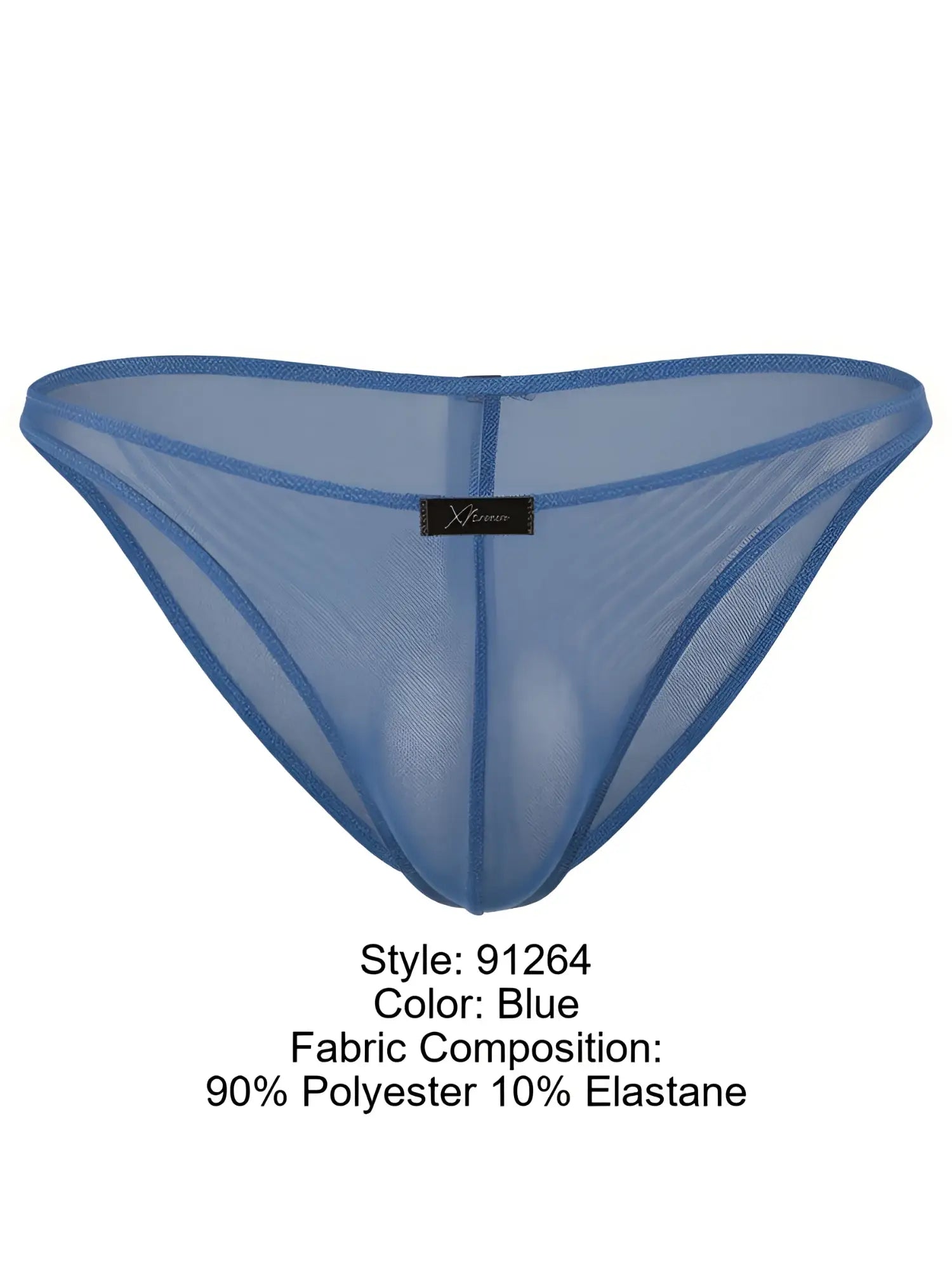 Xtremen blue sheer mesh bikini briefs with a center-front logo tag and a contour pouch fit.