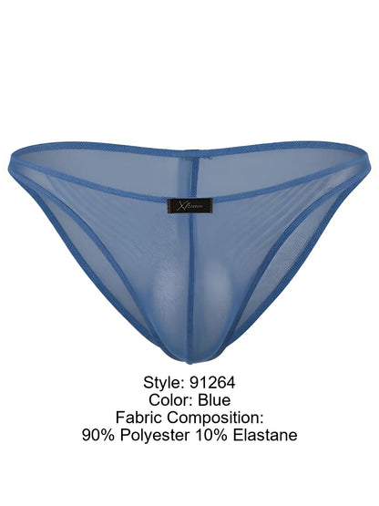 Xtremen blue sheer mesh bikini briefs with a center-front logo tag and a contour pouch fit.