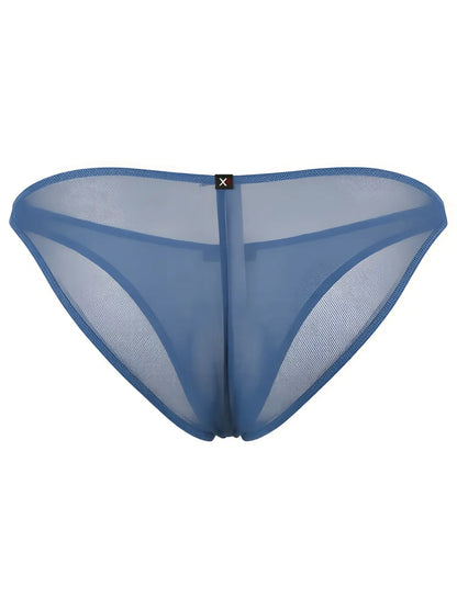 Xtremen blue sheer mesh bikini brief with a small center logo tag.