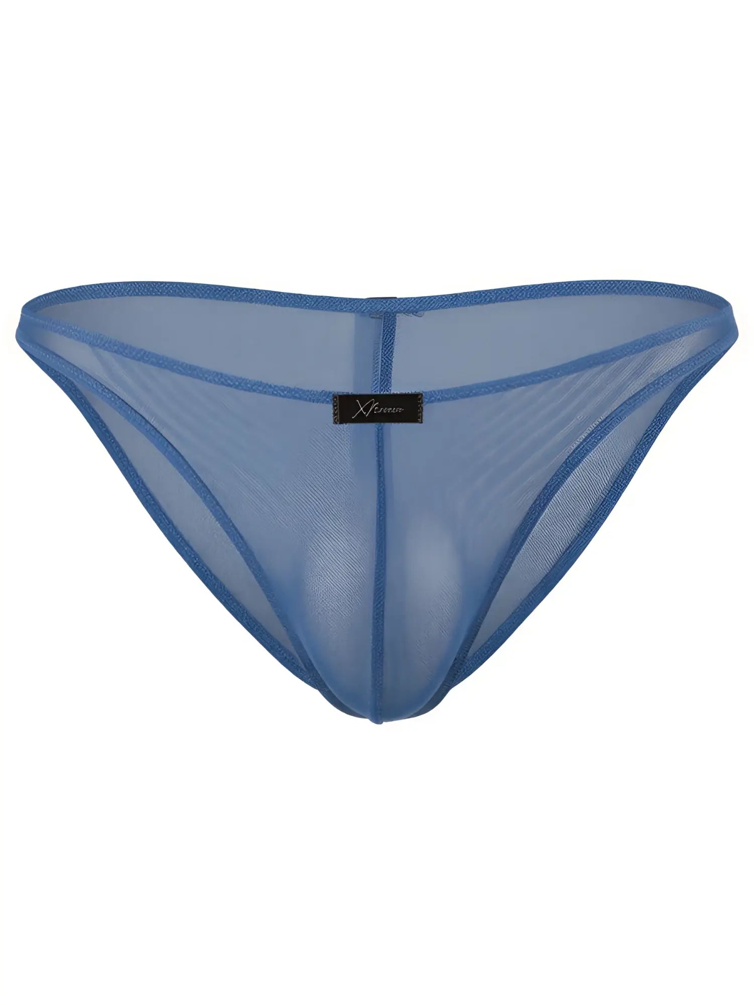 Xtremen blue sheer mesh bikini brief with a center seam and brand logo tag.