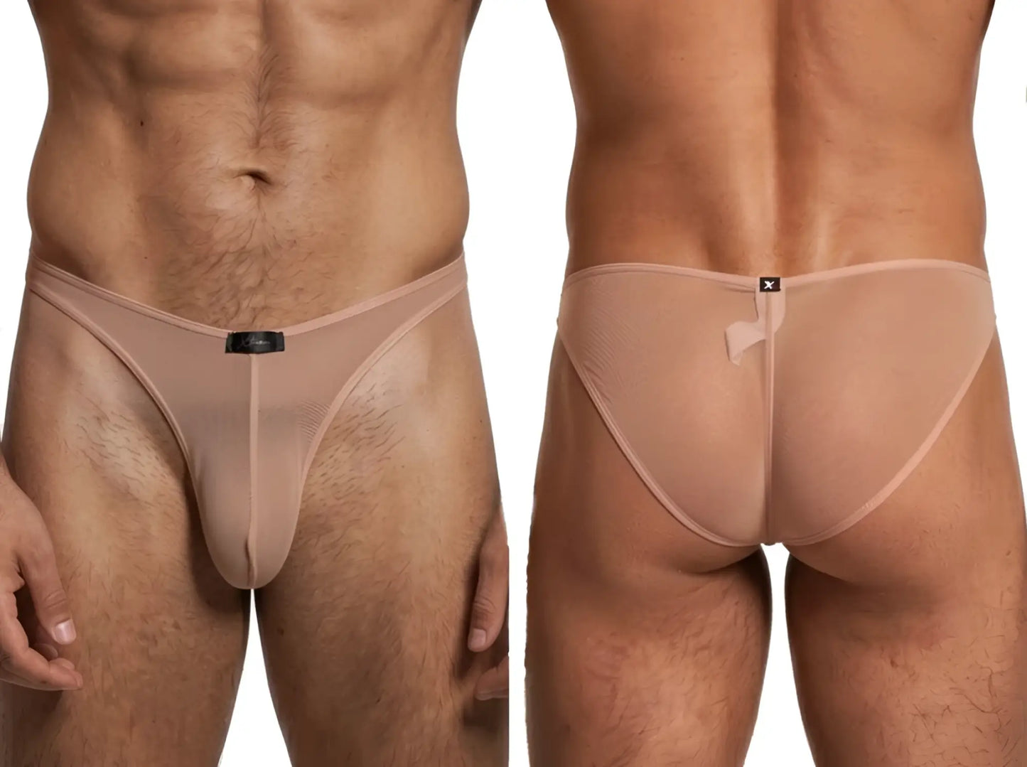 Xtremen nude bikini brief in sheer, mesh fabric with a slim fit and branded center waistband tag. Front and back view.
