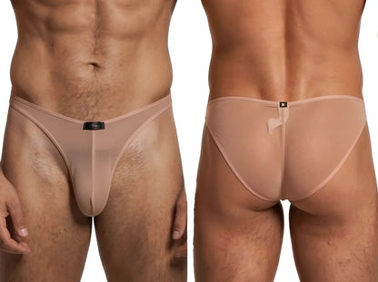 Xtremen nude bikini brief in sheer, mesh fabric with a slim fit and branded center waistband tag. Front and back view.
