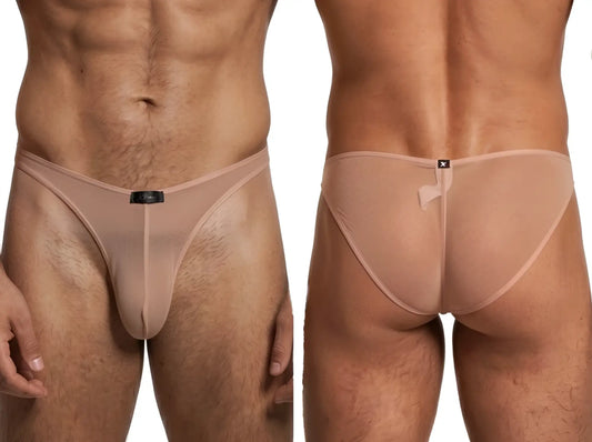 Xtremen nude bikini brief in sheer, mesh fabric with a slim fit and branded center waistband tag. Front and back view.