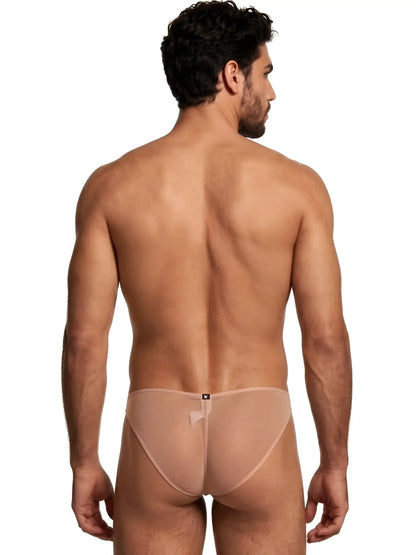 Xtremen beige sheer mesh bikini brief on a man, viewed from the back. Features a slim fit and a branded rear tag.