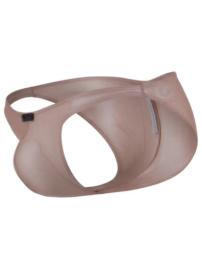 Xtremen beige thong in a sheer, shimmering mesh fabric with a cutout design and branded side tab.