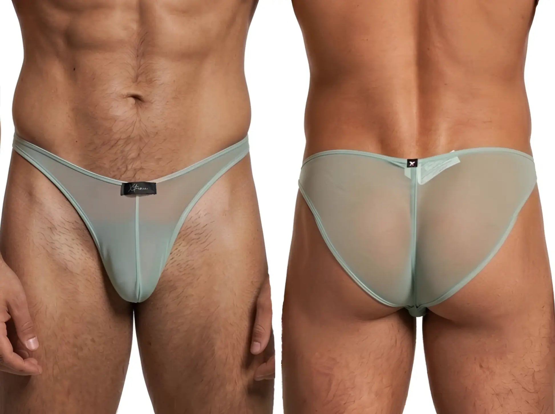 Xtremen sage green sheer mesh bikini brief with a form-fitting cut and branded front label. Front and back view.