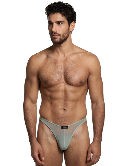 Xtremen sage green thong made of sheer, lightweight mesh fabric with a centered brand logo tag.