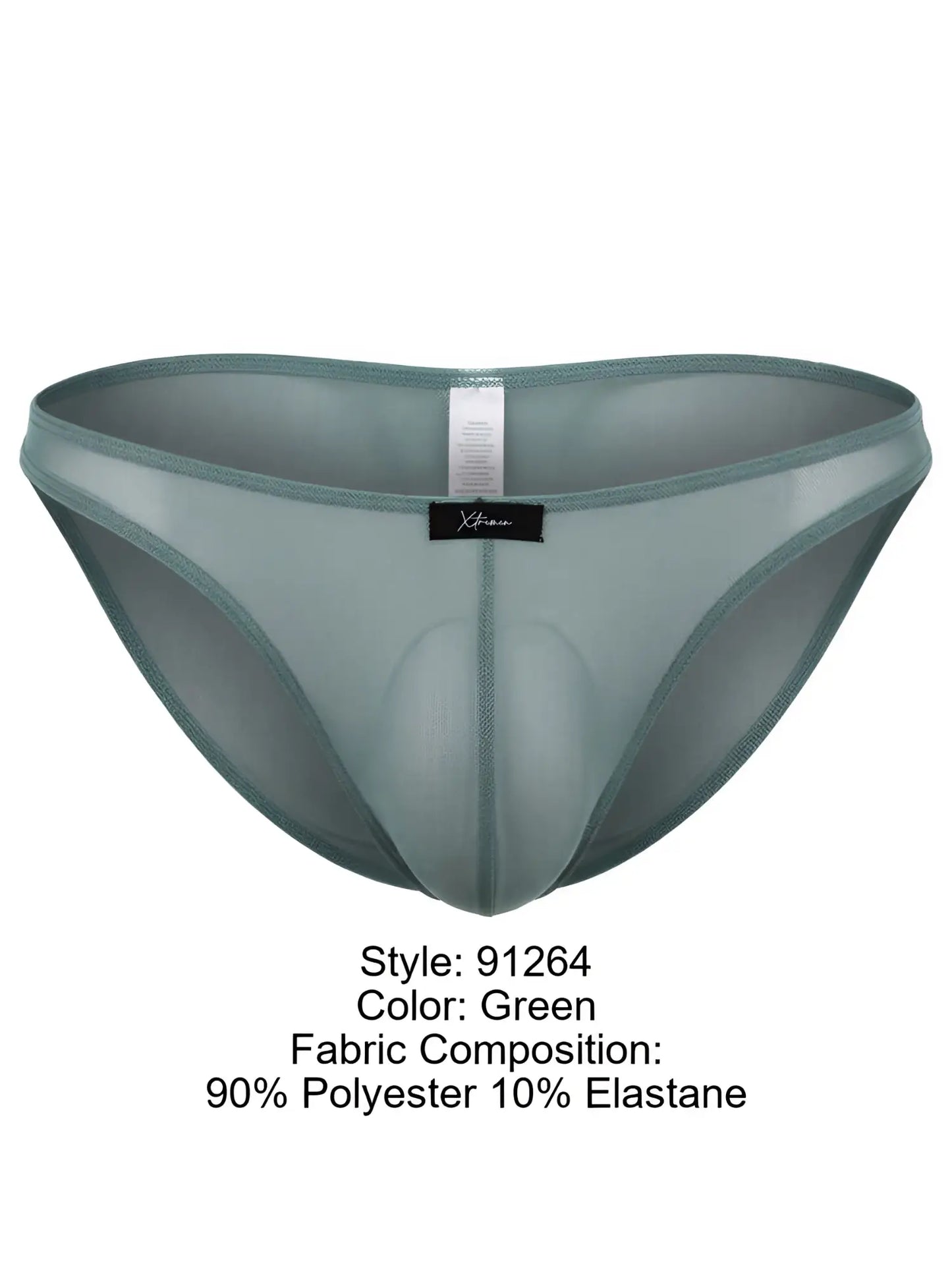Xtremen green bikini brief in a sheer, lightweight mesh fabric with a contoured pouch and black brand label.