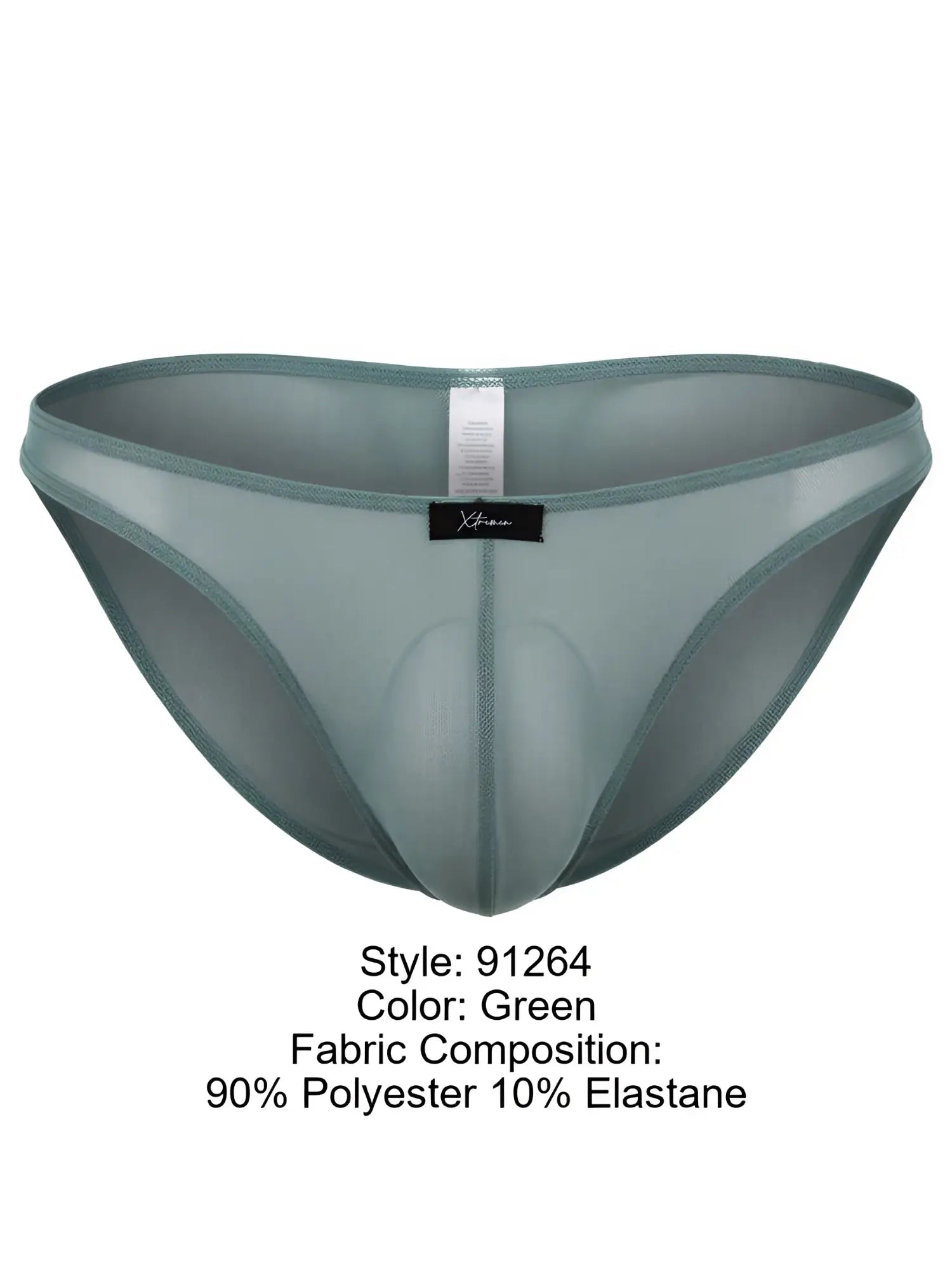 Xtremen green bikini brief in a sheer, lightweight mesh fabric with a contoured pouch and black brand label.