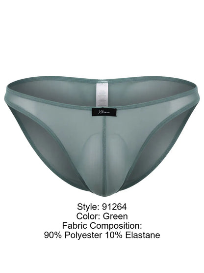 Xtremen green bikini brief in a sheer, lightweight mesh fabric with a contoured pouch and black brand label.