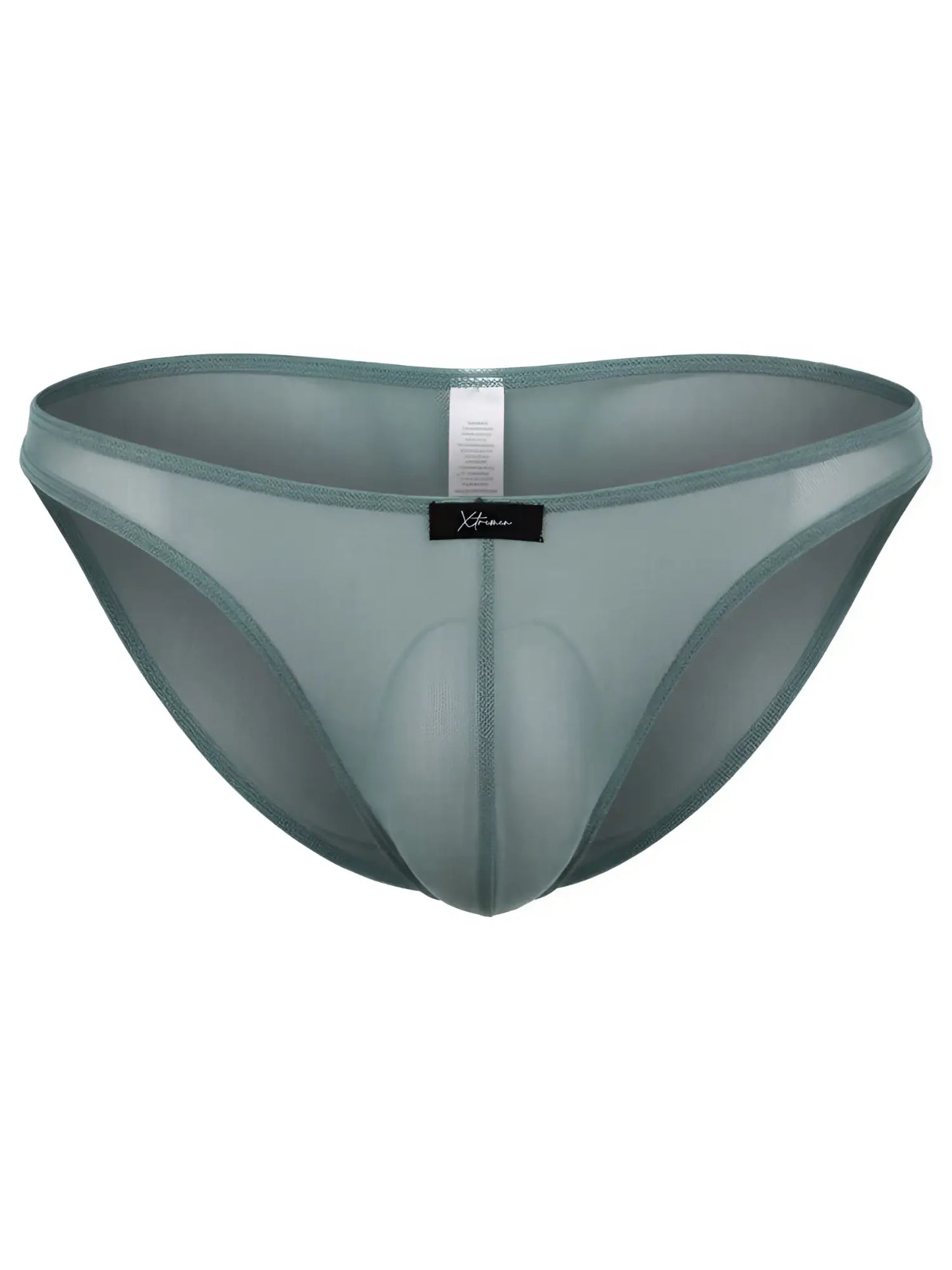 Xtremen sage green sheer mesh bikini brief with a contoured pouch and center seam detail.