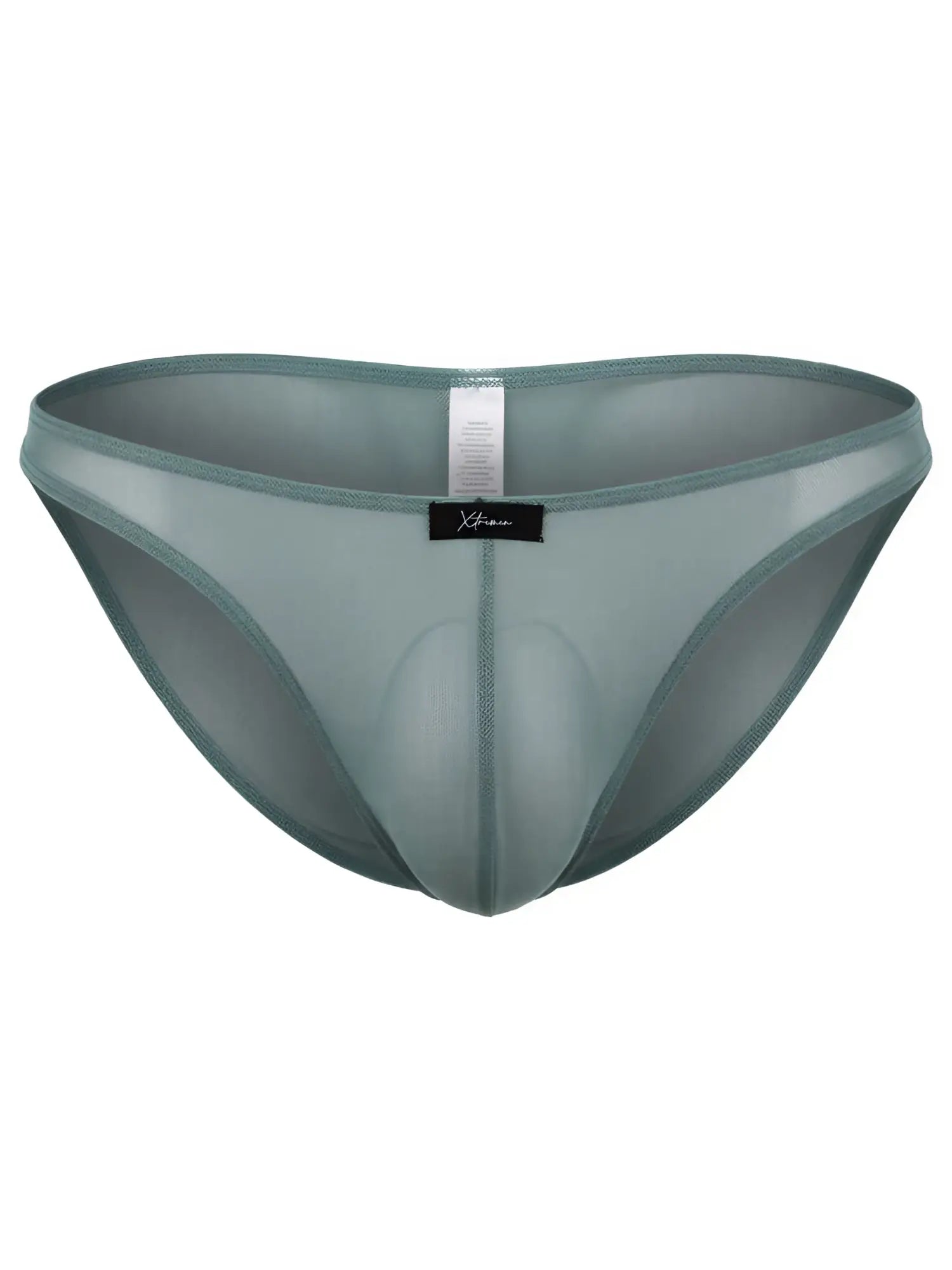 Xtremen sage green sheer mesh bikini brief with a contoured pouch and center seam detail.
